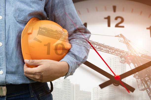 Construction Engineer Architect Project Management Builder Workers Work Against with Time Clock, Build Renovate Times Challenge Concept.