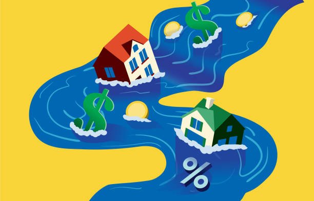 Vector illustration of a Cost of housing or real estate prices abstract river concept with houses and money sinking in water. Includes editable vector eps and high resolution jpg.