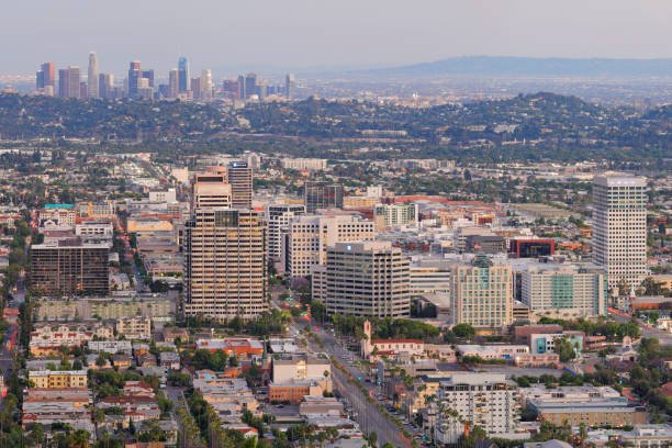 High angle twilight time view of the skyline of the City of Glendale, California. The fourth largest city in Los Angeles County with a population of 200,000 - Glendale is located about 10 miles north of downtown Los Angeles. It has one of the largest communities of Armenian in the country.