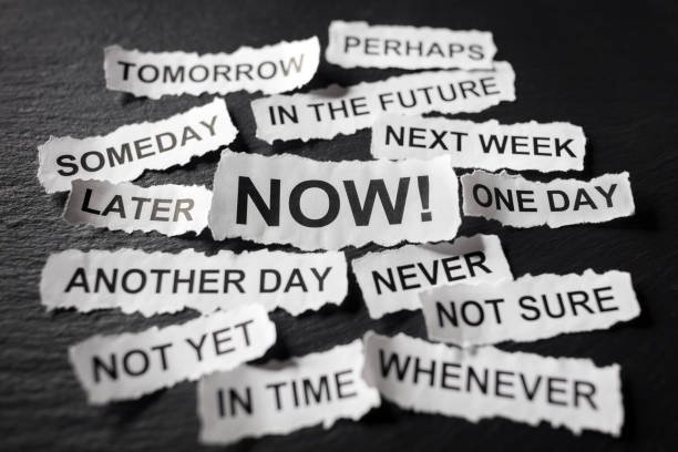 Procrastination and urgency concept with torn newspaper headlines excuses reading someday, later, one day, tomorrow, whenever etc