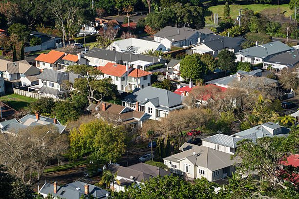 Aerial view of a well-planned suburban community featuring rows of houses, green spaces and connecting roads.