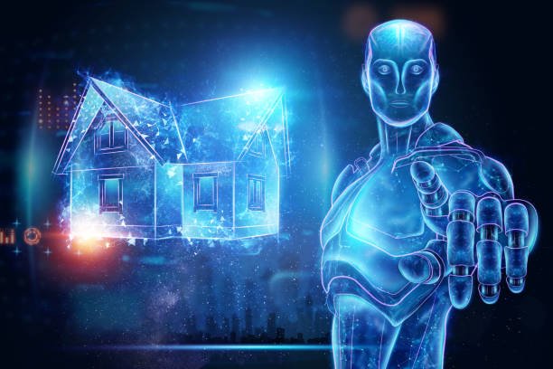 Artificial intelligence and a hologram of a house and a percent sign. Mortgage concept for housing mortgage interest rates. Copy space, 3D illustration, 3D rendering
