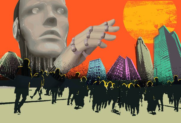 Collage styled urban graphic for Artificial Intelligence concept. Human Brain, Nuron Schema, Facial Recognition Technology, Chatbots, consciousness, threat, disinformation, plagiarism, creative thinking,