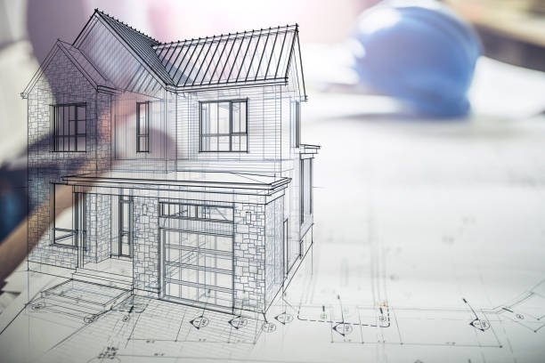 Hologram of a house project over blueprints on construction site. Note to inspector: I am the author of the building project