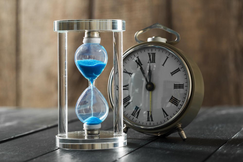Time is passing blue hourglass close up 