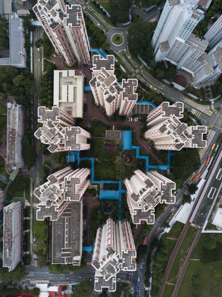 Aerial overhead shot of urban modern business architecture 