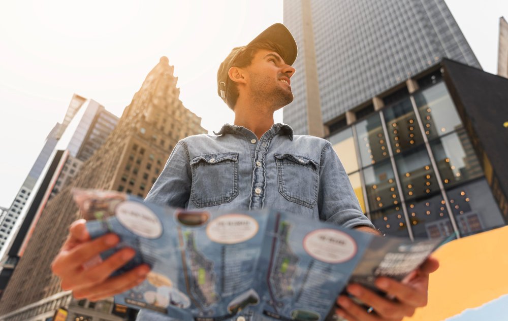 Low angle view of man in city 