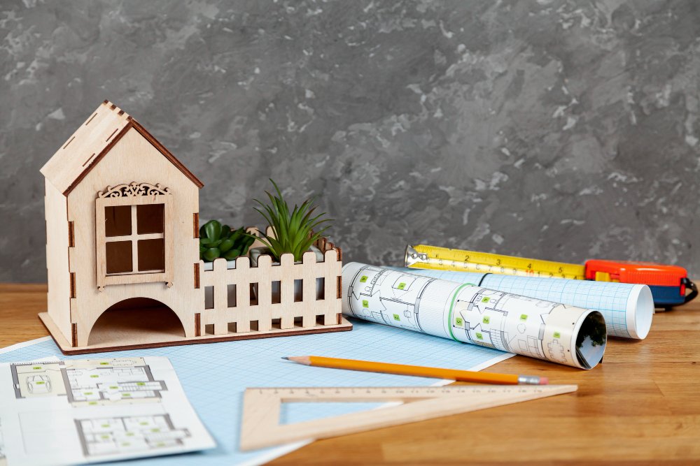 Front view architectural project on desk 