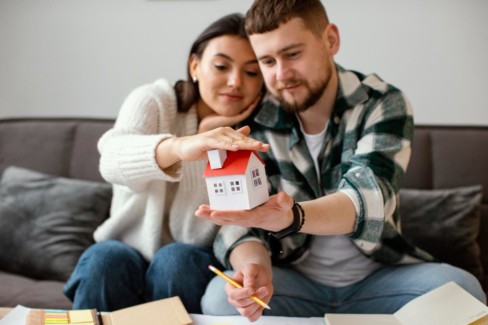 Couple holding small house medium shot 