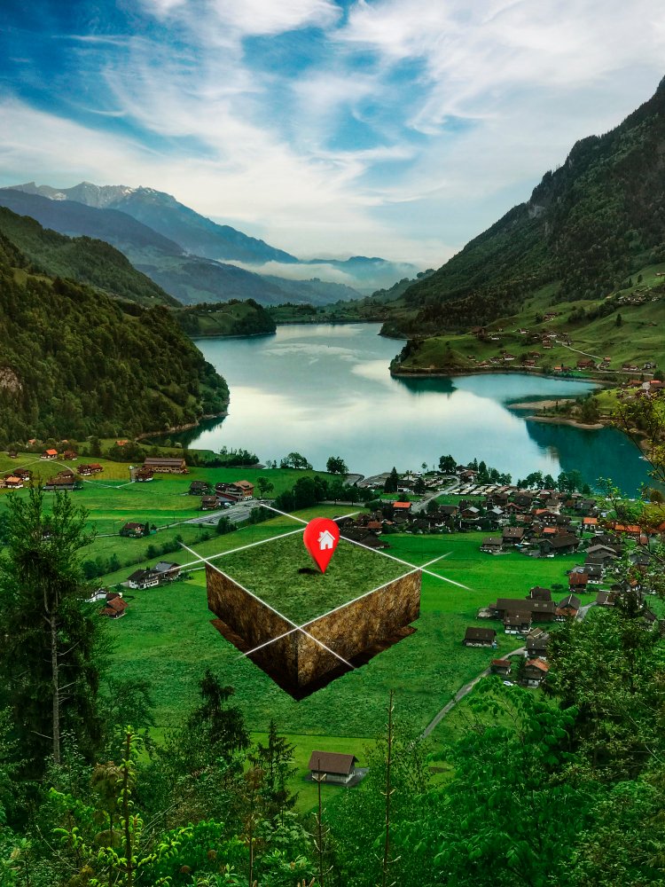 Land plot with nature landscape and location pin 