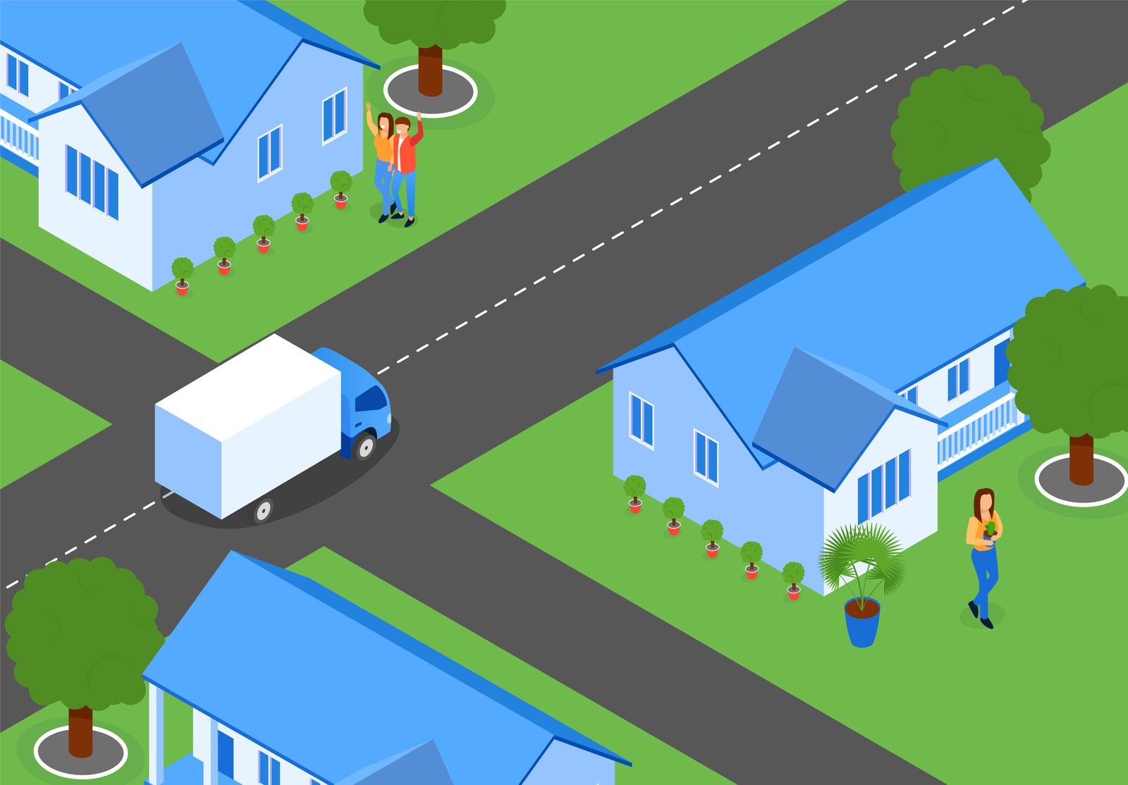 Flat City Streets with New Houses, Isometric. Crossroads in City. Van Service at Intersection Passes by Houses. Settlement New Residential Complex. People Near their Homes Enjoy Life.
