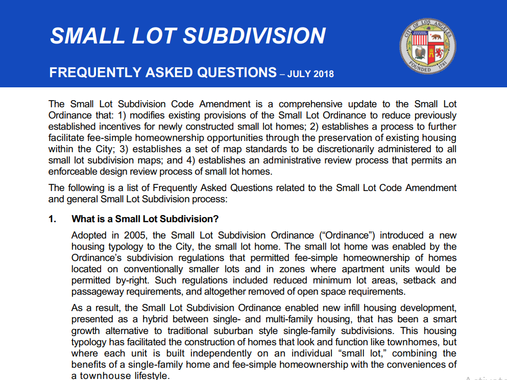 Los Angeles Small Lot Subdivision Ordinance