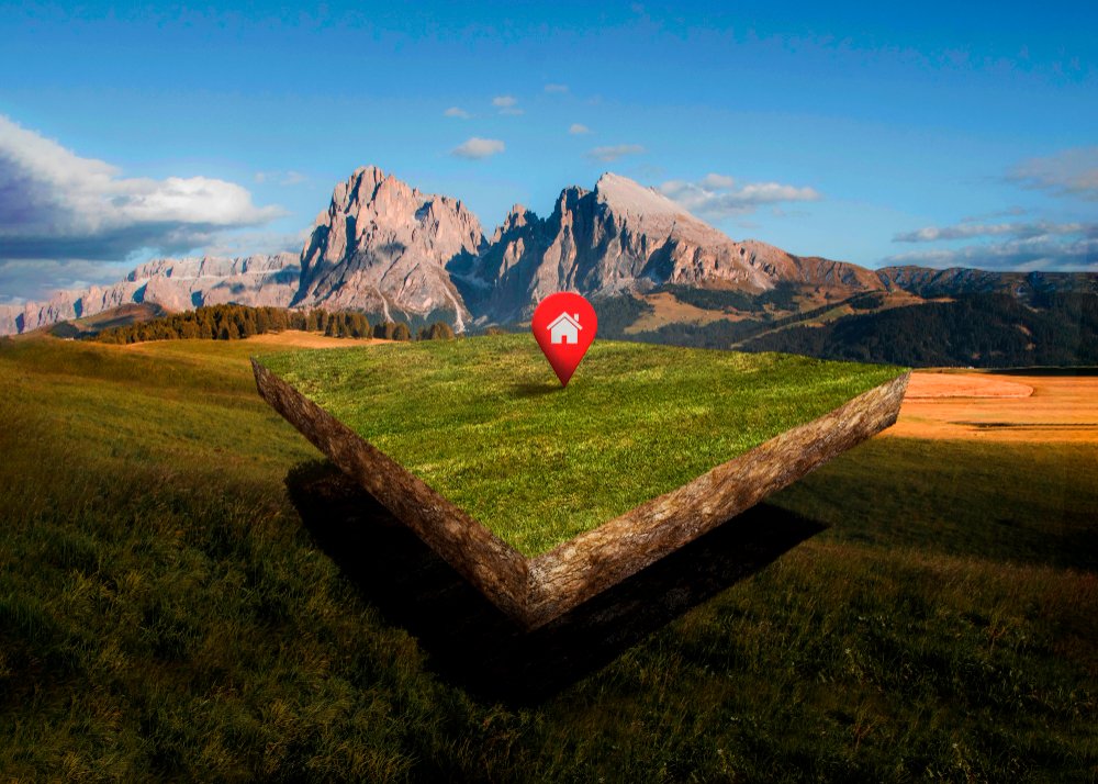 Land plot with nature landscape and location pin 