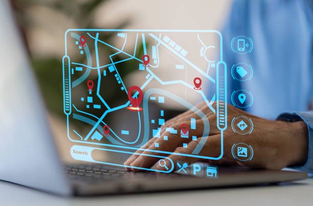 Technology smart navigation and location tracking with professional hand interacting with futuristic GPS map interface locations of services, delivery, travel app, logistics and transportation