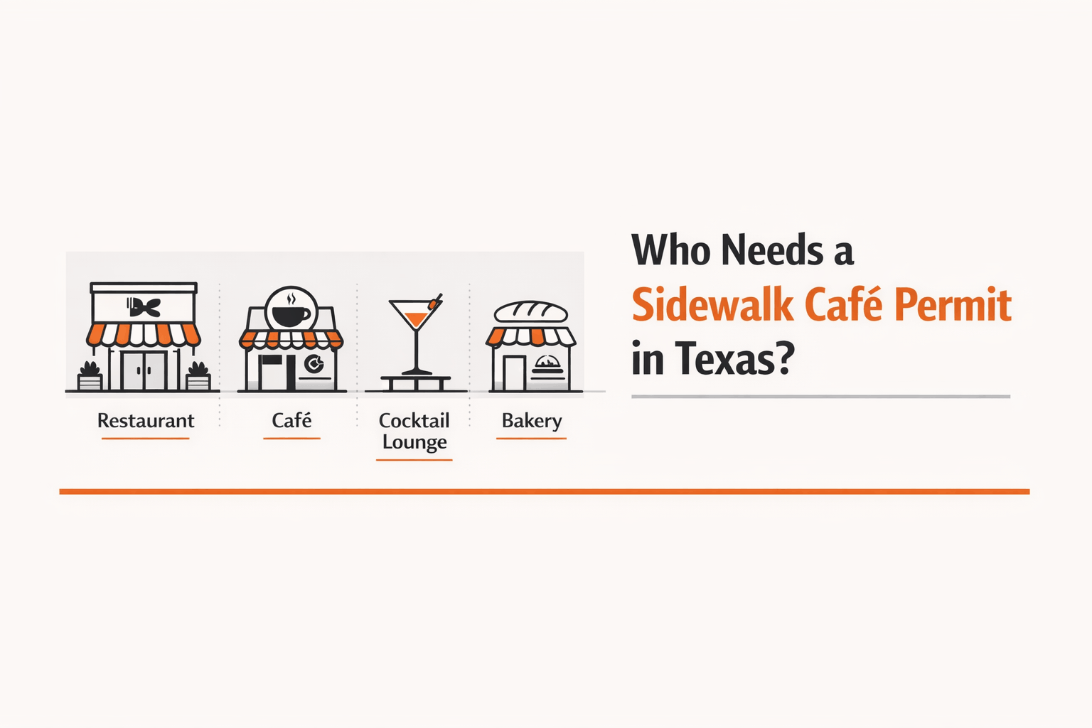 Minimalist illustration showing restaurants, cafés, and food businesses that require a sidewalk café permit in Texas