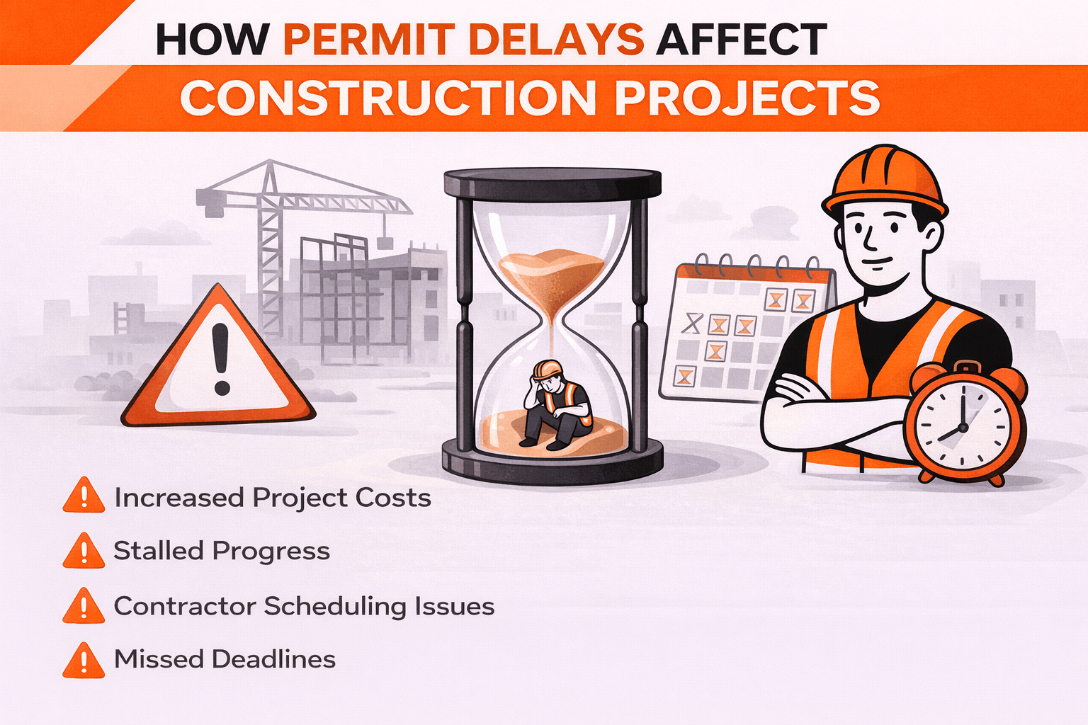 Landscape infographic showing how permit delays affect construction projects, including increased costs, stalled progress, scheduling issues, and missed deadlines.