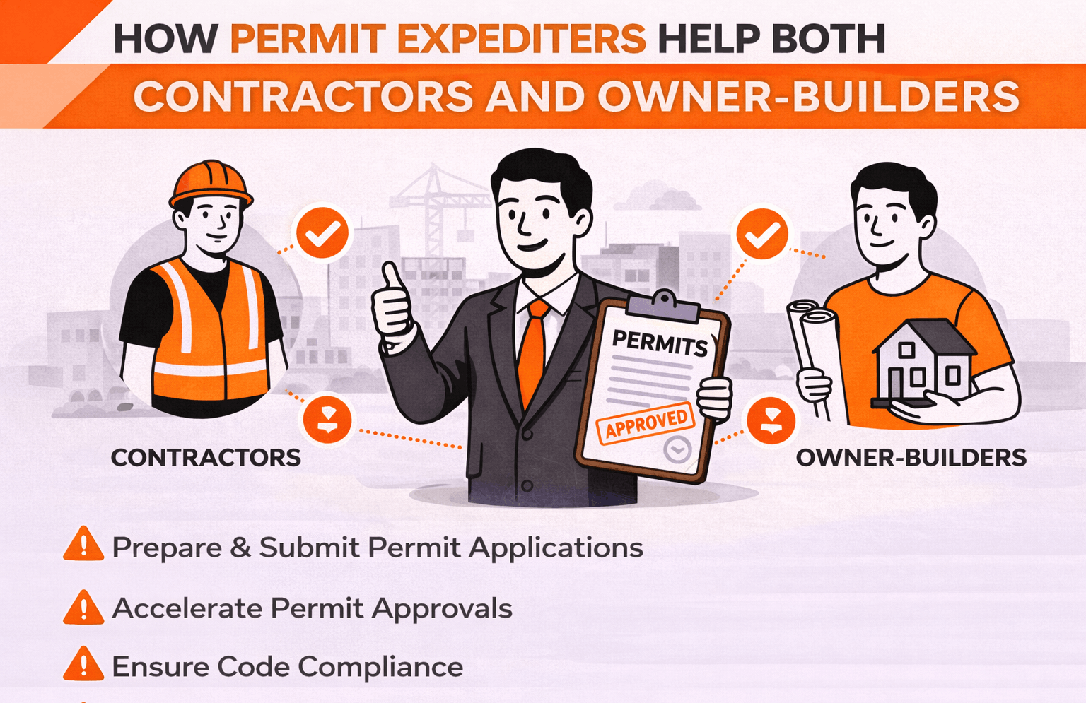 Landscape infographic showing how permit expediters help contractors and owner-builders by preparing applications, speeding approvals, ensuring code compliance, and reducing project delays.