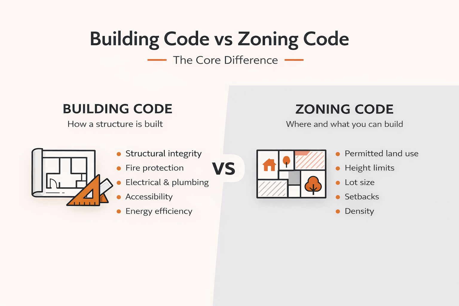 Infographic comparing building codes (construction safety standards) and zoning codes (land use and development rules).