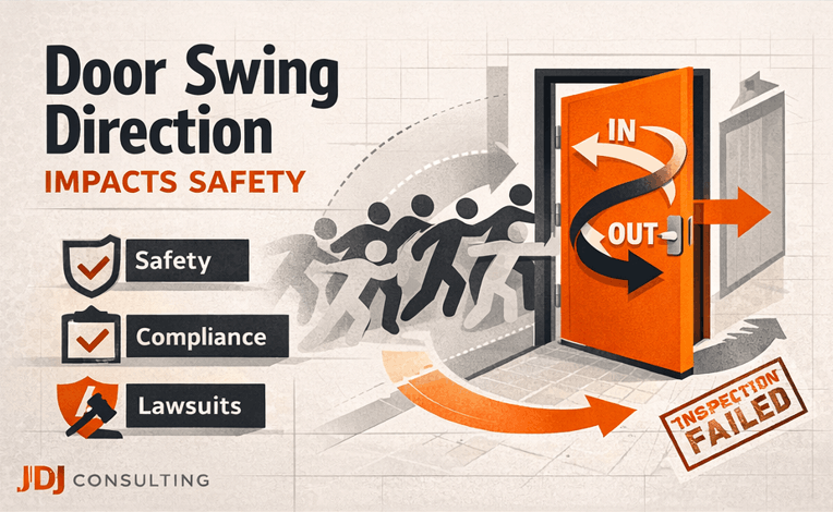 Illustrated infographic showing inward and outward door swing direction with crowd flow arrows highlighting safety, compliance, and inspection risks.