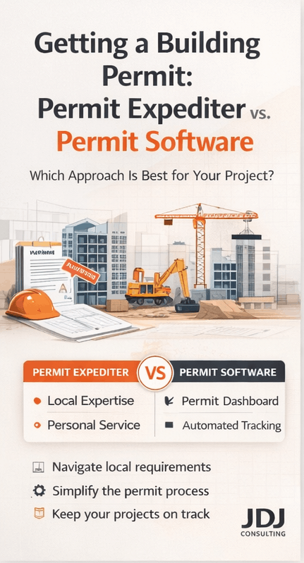 Comparison graphic titled “Getting a Building Permit: Permit Expediter vs. Permit Software” showing differences between local permit expediting services and digital permit management software for construction projects.