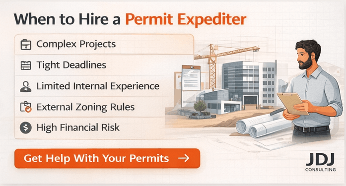 Landscape infographic listing scenarios when to hire a permit expediter, including complex projects, tight deadlines, limited internal experience, zoning challenges, and high financial risk in construction permitting.
