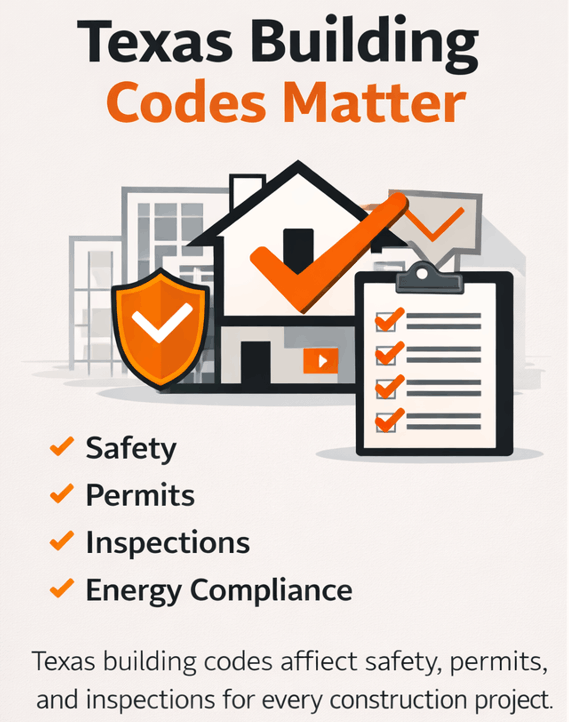 Minimalist illustration showing Texas building code compliance with a house, checklist, and safety icons in orange, black, and grey theme.