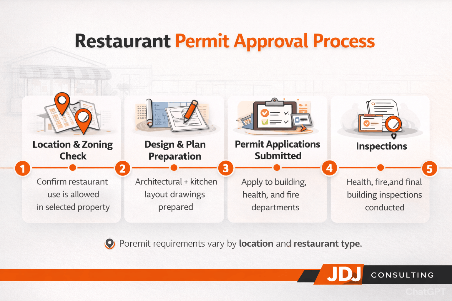 Landscape infographic titled “Restaurant Permit Approval Timeline (2026)” illustrating application, plan review, inspections, corrections, and final approval in orange, black, and neutral tones.