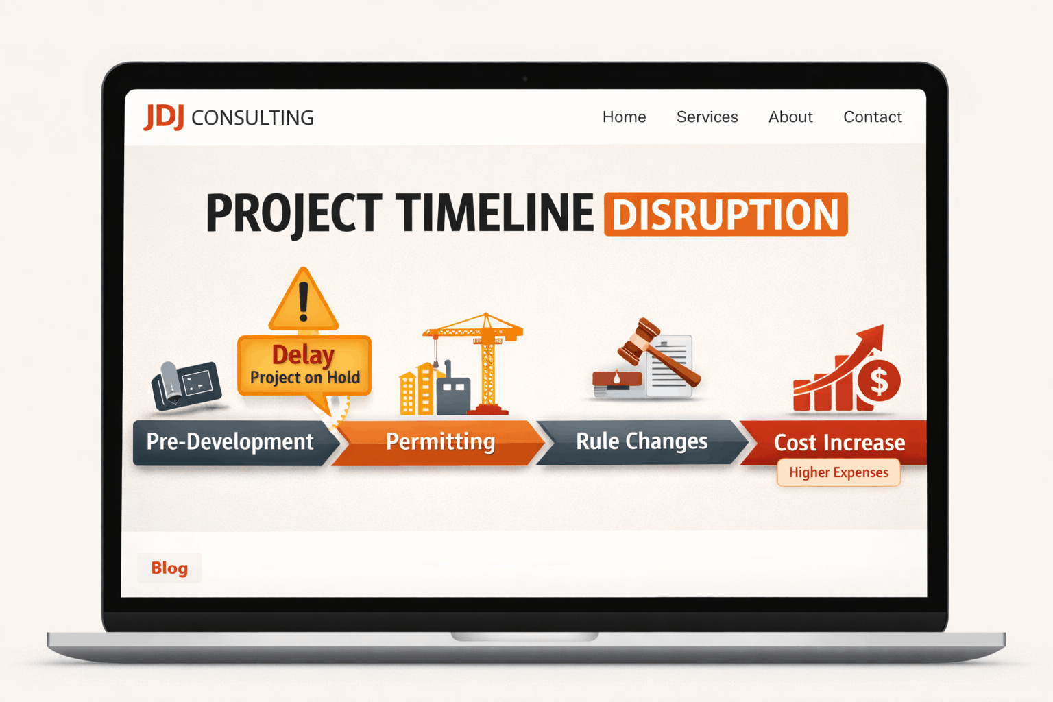 Timeline showing how construction moratoriums disrupt project phases and cause delays and cost increases.