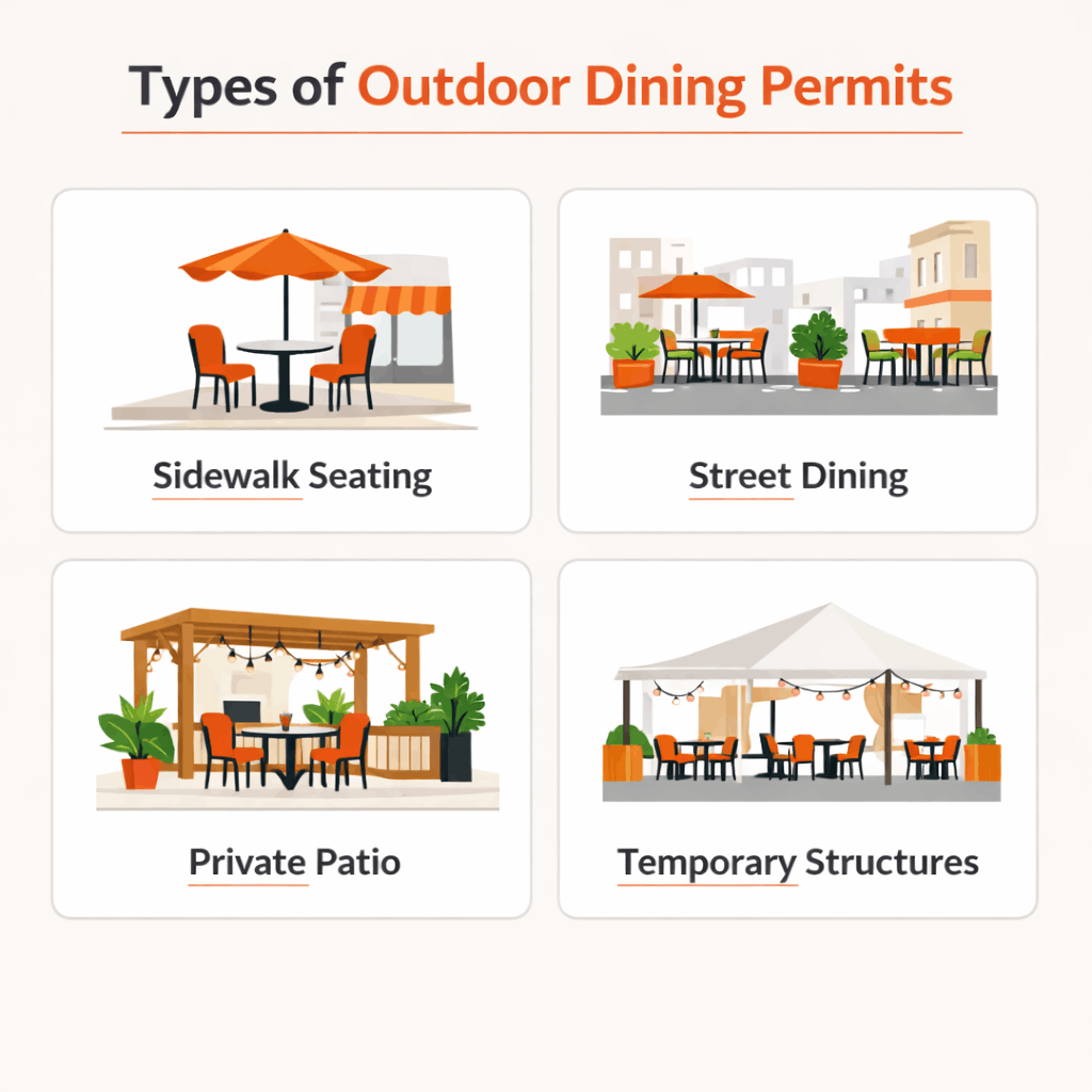 Types of outdoor dining permits for restaurants, including sidewalk seating, street dining, private patios, and temporary structures, shown with simple visual examples for easy understanding and comparison