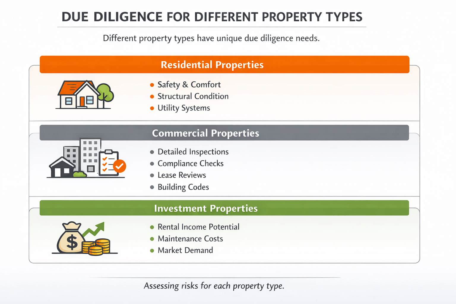 Infographic comparing due diligence for residential, commercial, and investment properties with key checks like safety, compliance, and financial returns