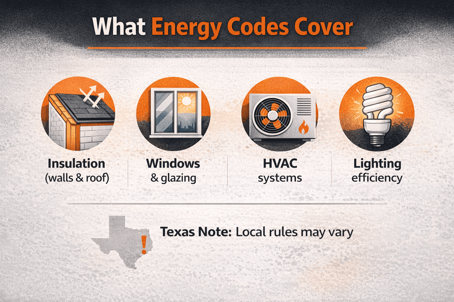 Key components of energy code compliance including insulation, HVAC, lighting, and windows in Texas buildings