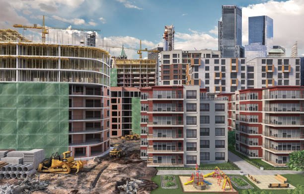 Residential buildings under construction with a construction site and with half finished houses. 3d illustration