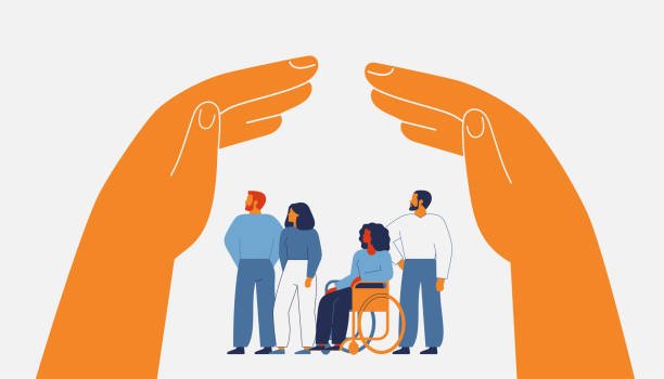 Human hands create secure environment via home roof gesture above people. Two arms protect and care about men and women. Legal defense, shelter, medical and life insurance for civil persons. Vector